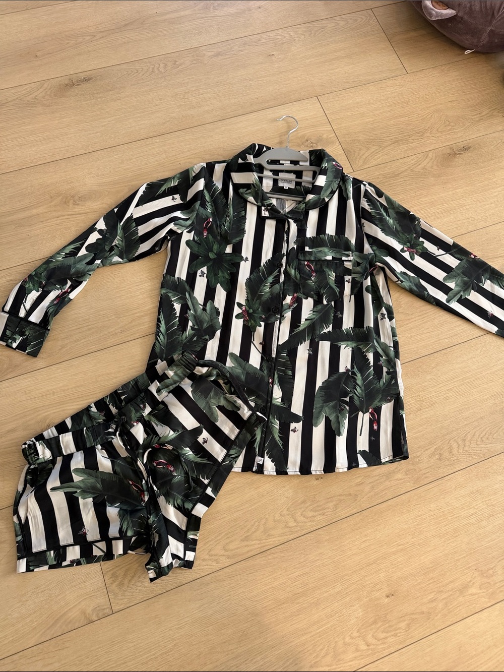 PLush Black & White Stripe Button-Up with Green Tropical Leaf Print